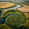 AI generated illustration of an intricately designed circular maze garden with patterns