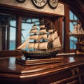 AI generated illustration of an intricately detailed model ship resting atop a wooden table