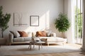 AI generated illustration of an inviting modern living room showcasing a cozy grey couch