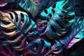 AI generated illustration of iridescent holographic glowing monstera leaves in the dark