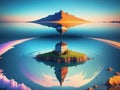 AI generated illustration of an island with a house with another island upside down in the sky above