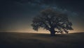 AI generated illustration of an isolated ancient tree stands in a moonlit field Royalty Free Stock Photo