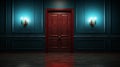 AI generated illustration of An isolated closed wooden door in a dimly lit interior