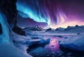 an iceberg with colorful lights in the sky above it