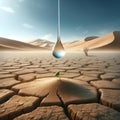 a water drop suspended over cracked land in the desert with a plant growing inside of