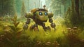 AI generated illustration of an isolated robotic figure in a lush green forest