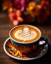 AI generated illustration of an ivory-colored ceramic saucer and cup of coffee with a floral pattern