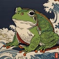 AI generated illustration of a Japanese painting of a frog on a surfboard with the sea Royalty Free Stock Photo