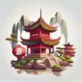 AI generated illustration of Japanese traditional temple with red lamp on light background Royalty Free Stock Photo