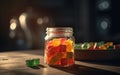 AI generated illustration of a jar filled with colorful gummy bears on a wooden table surface Royalty Free Stock Photo