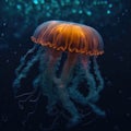 AI generated illustration of a jellyfish gliding through the water, illuminated by bubbles