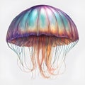 AI generated illustration of A jellyfish with purple and green tentacles on a white background Royalty Free Stock Photo