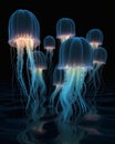 AI generated illustration of jellyfish swimming in the water, illuminated and glowing