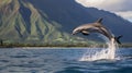 AI generated illustration of a joyful dolphin leaping in the air out of a tranquil blue ocean
