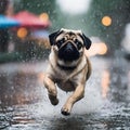 AI-generated illustration of A joyful Pug energetically jumping in the rain on a rainy day Royalty Free Stock Photo