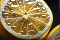 AI generated. Illustration. Juicy cut lemon close-up. Lemon juice. Lemon rings with drops of juice. Vitamin C. Royalty Free Stock Photo