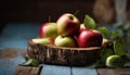 AI generated illustration of juicy red and green apples on a wooden log Royalty Free Stock Photo