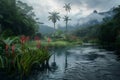 a stream flows through the jungle filled with trees and red flowers Royalty Free Stock Photo