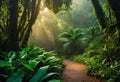 AI generated illustration of a jungle trail surrounded by lush green vegetation and tall trees