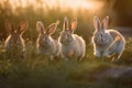 AI generated illustration of juvenile rabbits standing in a grassy meadow with a sunlit sky Royalty Free Stock Photo