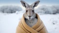 AI generated illustration of kangaroo snuggled in a cozy blanket amidst snow Royalty Free Stock Photo