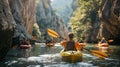 AI-generated illustration of kayakers in vibrant kayaks navigating through a scenic river