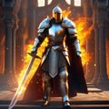 AI generated illustration of a knight in shining armor stands in the doorway of a burning castle