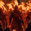 AI generated illustration of knights in full medieval armour in a burning fire Royalty Free Stock Photo