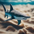 AI generated illustration of a knitted hammerhead shark swimming over sand