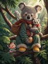 AI generated illustration of a koala bear with her babies and a human child on a tree