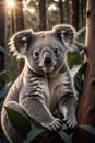 a koala bear is sitting on a tree limb in a forest Royalty Free Stock Photo
