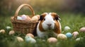 AI generated illustration of a Kui in a grassy field surrounded by a wicker basket full of eggs