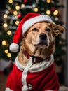 AI generated illustration of a labrador wearing a Santa Claus costume against a Christmas tree