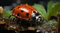 AI generated illustration of a lady bug perched atop a leaf, covered in a layer of water droplets Royalty Free Stock Photo