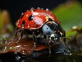 AI generated illustration of a ladybug atop a green leaf, illuminated by shimmering water droplets Royalty Free Stock Photo