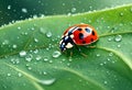 AI generated illustration of a ladybug perched on a leaf surrounded by glistening water droplets Royalty Free Stock Photo