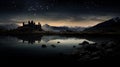 AI generated illustration of a lake surrounded by a majestic towering mountain range at night