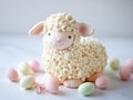 AI-generated illustration of a lamb-shaped cake surrounded by Easter eggs on a white background Royalty Free Stock Photo
