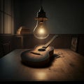 AI generated illustration of a lamp hanging on a guitar on wooden table