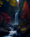 AI generated illustration of A landscape of a cascading waterfall illuminated by moonlight