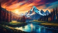 AI generated illustration of a landscape featuring a mountain range set against a blazing sun Royalty Free Stock Photo