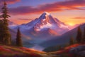 AI generated illustration of a landscape with majestic mountain in foreground and stunning sunset Royalty Free Stock Photo