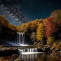 AI-generated illustration of A landscape of a majestic waterfall illuminated by a starry sky