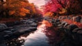 AI generated illustration of a landscape painting of a river surrounded by autumnal foliage