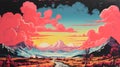 AI illustration of a landscape view of majestic mountain peaks illuminated by a vibrant sunset