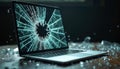 AI-generated illustration laptop with broken cracked screen. Concept of damage, data loss, system failure, hardware problem, Royalty Free Stock Photo
