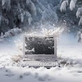 AI generated illustration of a laptop computer in the foreground of a wintery landscape Royalty Free Stock Photo