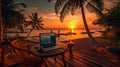 AI generated illustration of Laptop computer resting on a wooden table against a backdrop of sunset