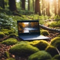 AI generated illustration of A laptop computer rests on a bed of lush green moss Royalty Free Stock Photo