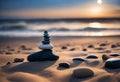 AI generated illustration of a large array of balanced rocks on a sandy beach